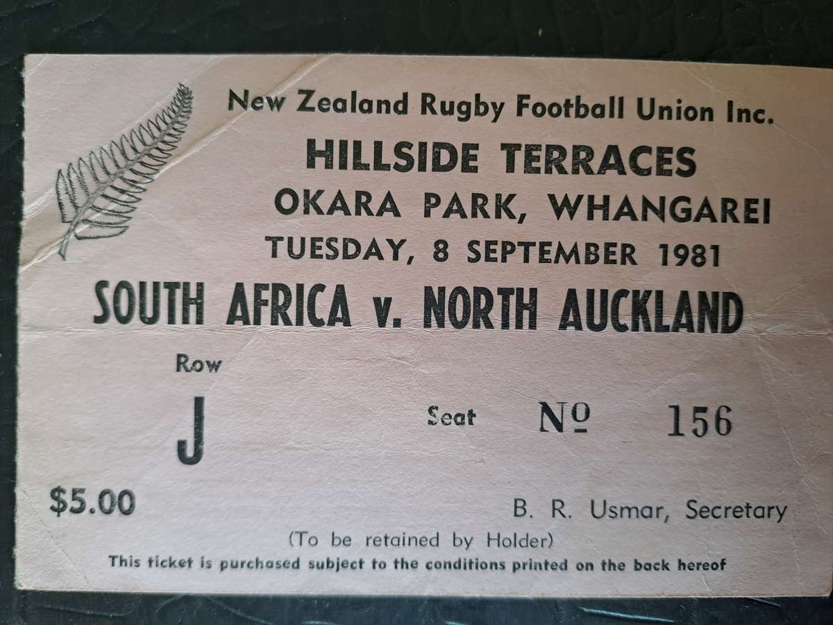 Rugby ticket. North Auckland v South Africa 8 September 1981 Okara Park, Whangarei