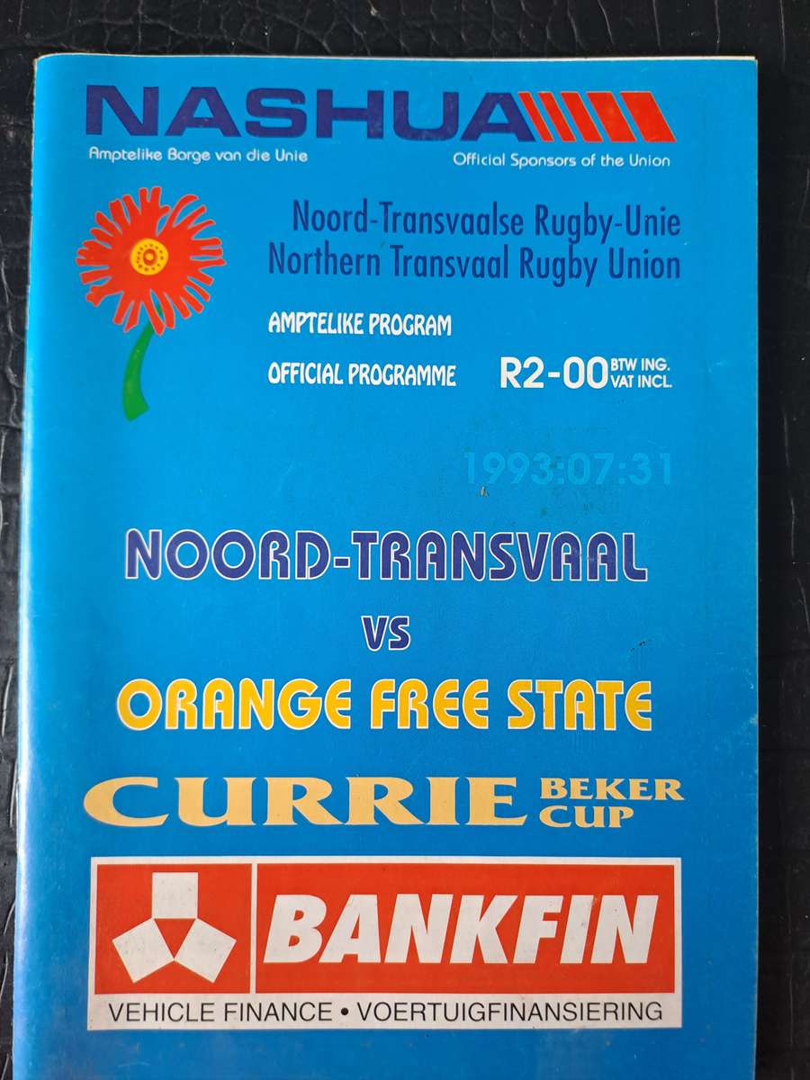 Rugby programme. Northern Transvaal v OFS 31 July 1993 CC Loftus Versfeld