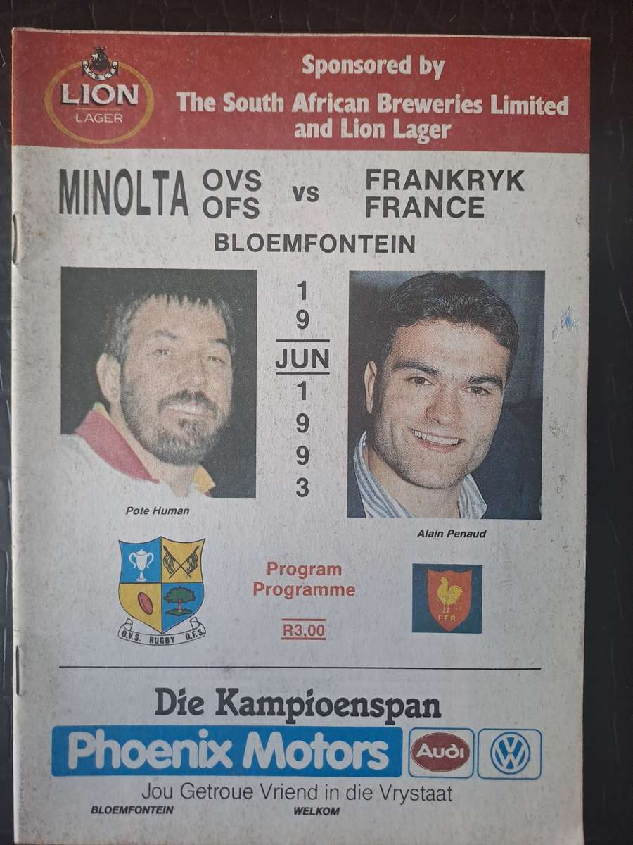 Rugby programme. OFS v France 19 June 1993