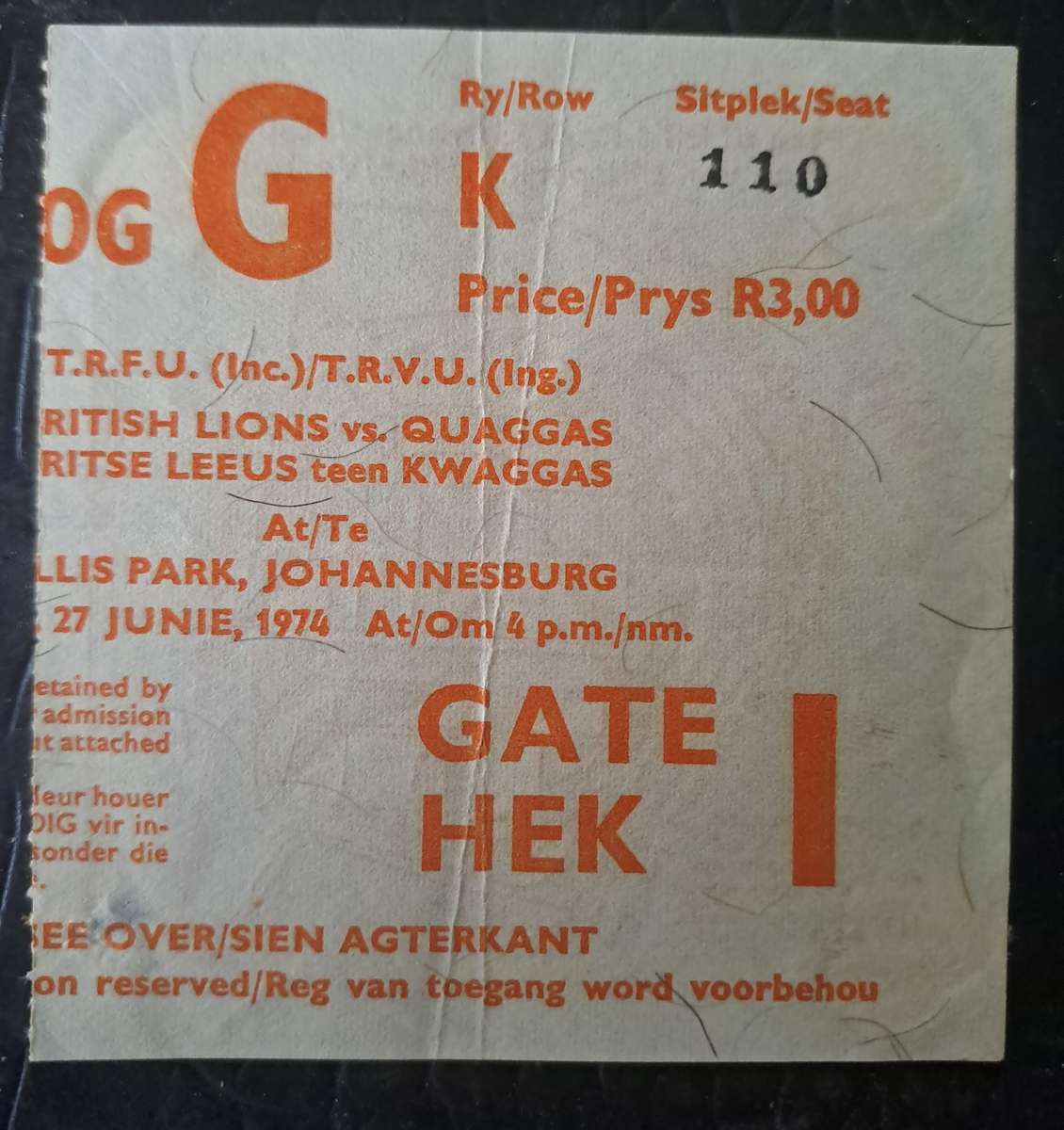Rugby ticket. Quaggas v British & Irish Lions 27 June 1975 Ellis Park