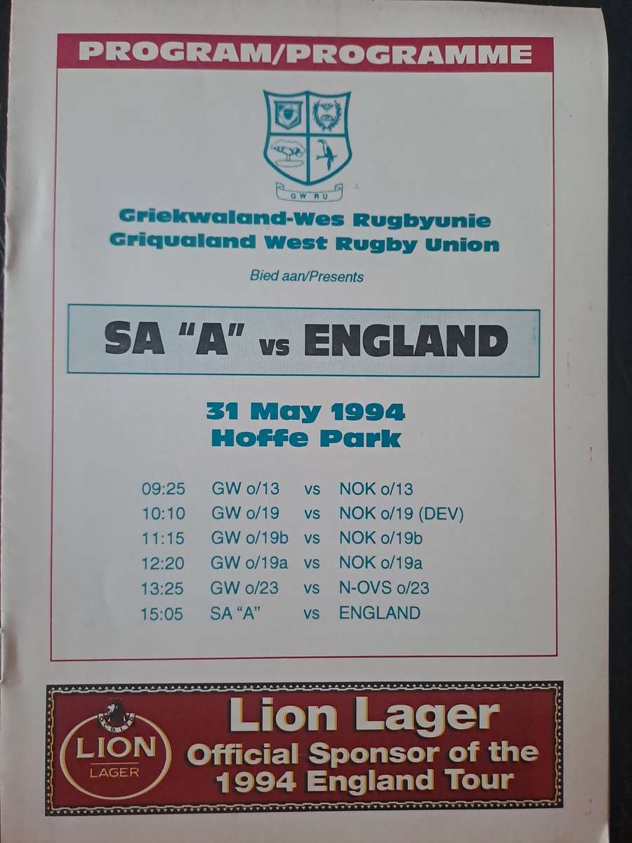 Rugby programme South Africa "A" v England 31 May 1994 Hoffe Park