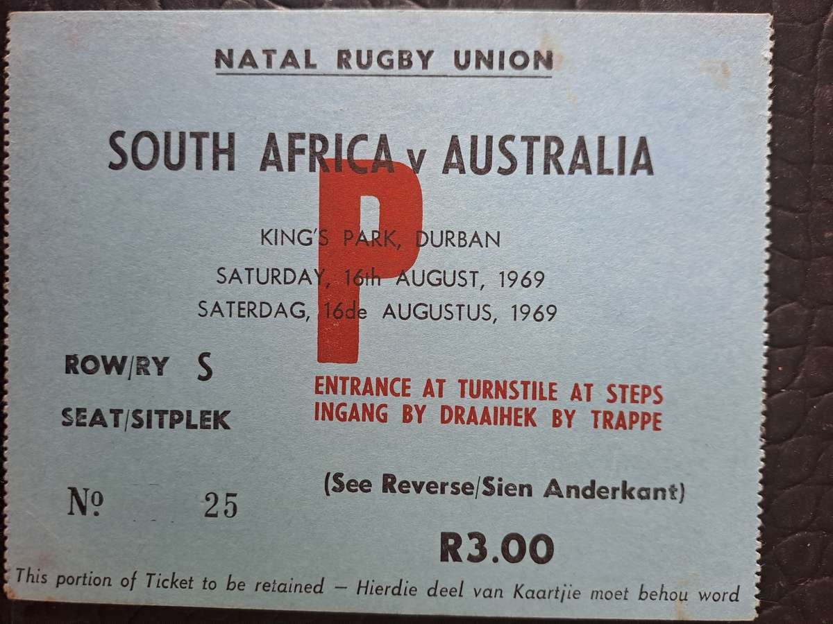 Rugby ticket. South Africa v Australia 16 August 1969 King's Park