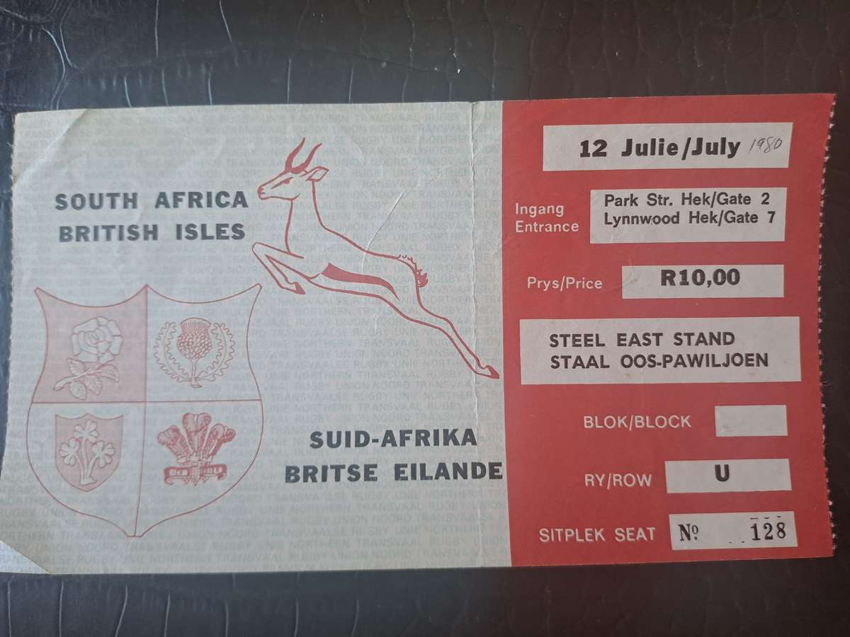 Rugby ticket. South Africa v British & Irish Lions 12 July 1980 Loftus Versfeld