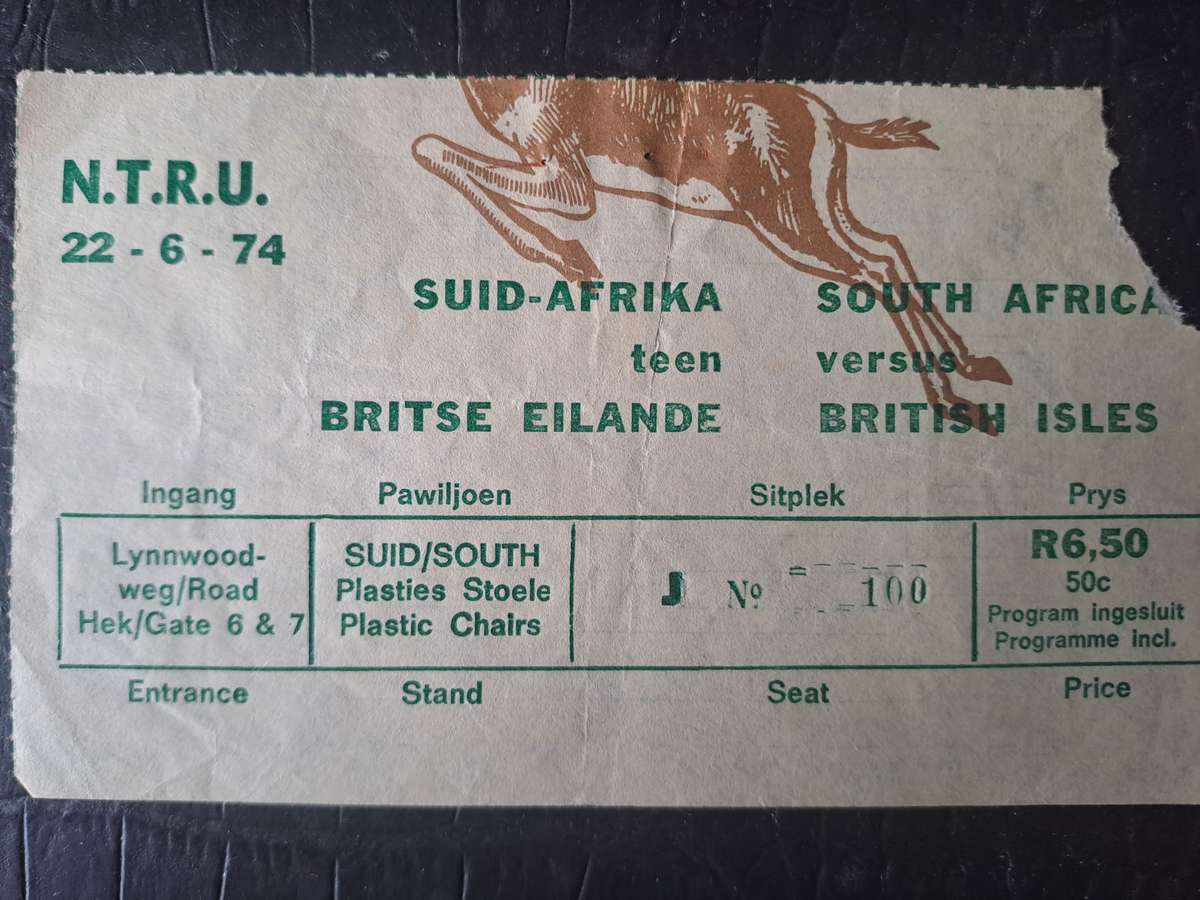 Rugby ticket. South Africa v British & Irish Lions 22 June 1974 Loftus Versfeld