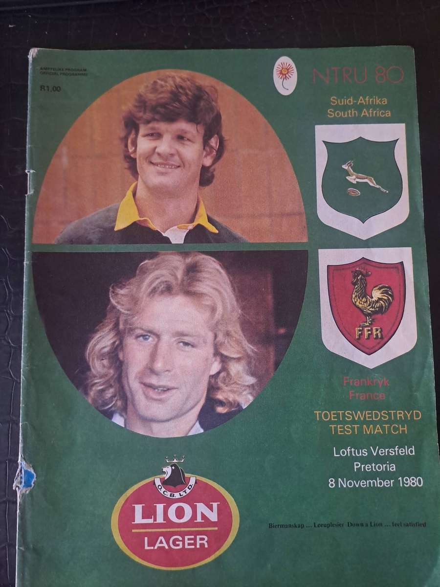 Rugby programme South Africa v France 8 November 1980. Bottom part of cover separated from staple