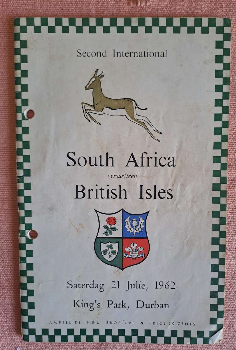 Rugby programme. South Africa v British & Irish Lions 21 July 1962 Durban. Punched holes