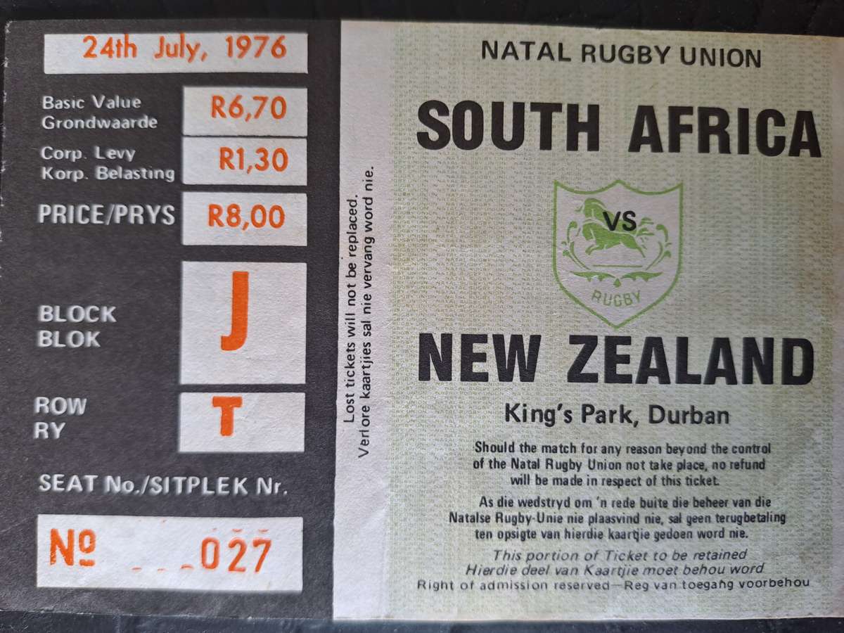 Rugby ticket. South Africa v New Zealand 24 July 1976 King's Park