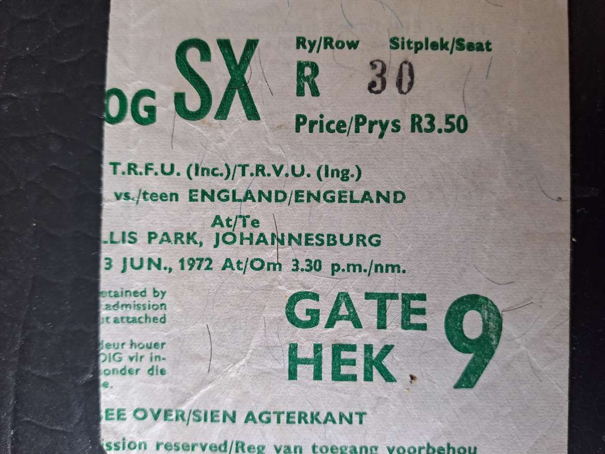 Rugby ticket. South Africa v England 3 June 1972 Ellis Park