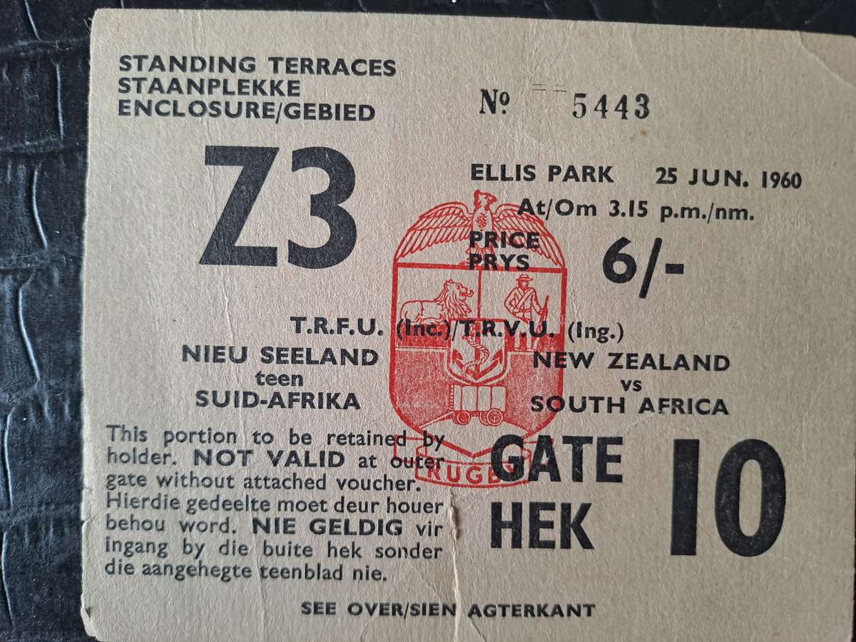 Rugby ticket. Transvaal v New Zealand 25 June 1960 Ellis Park. small tear to bottom