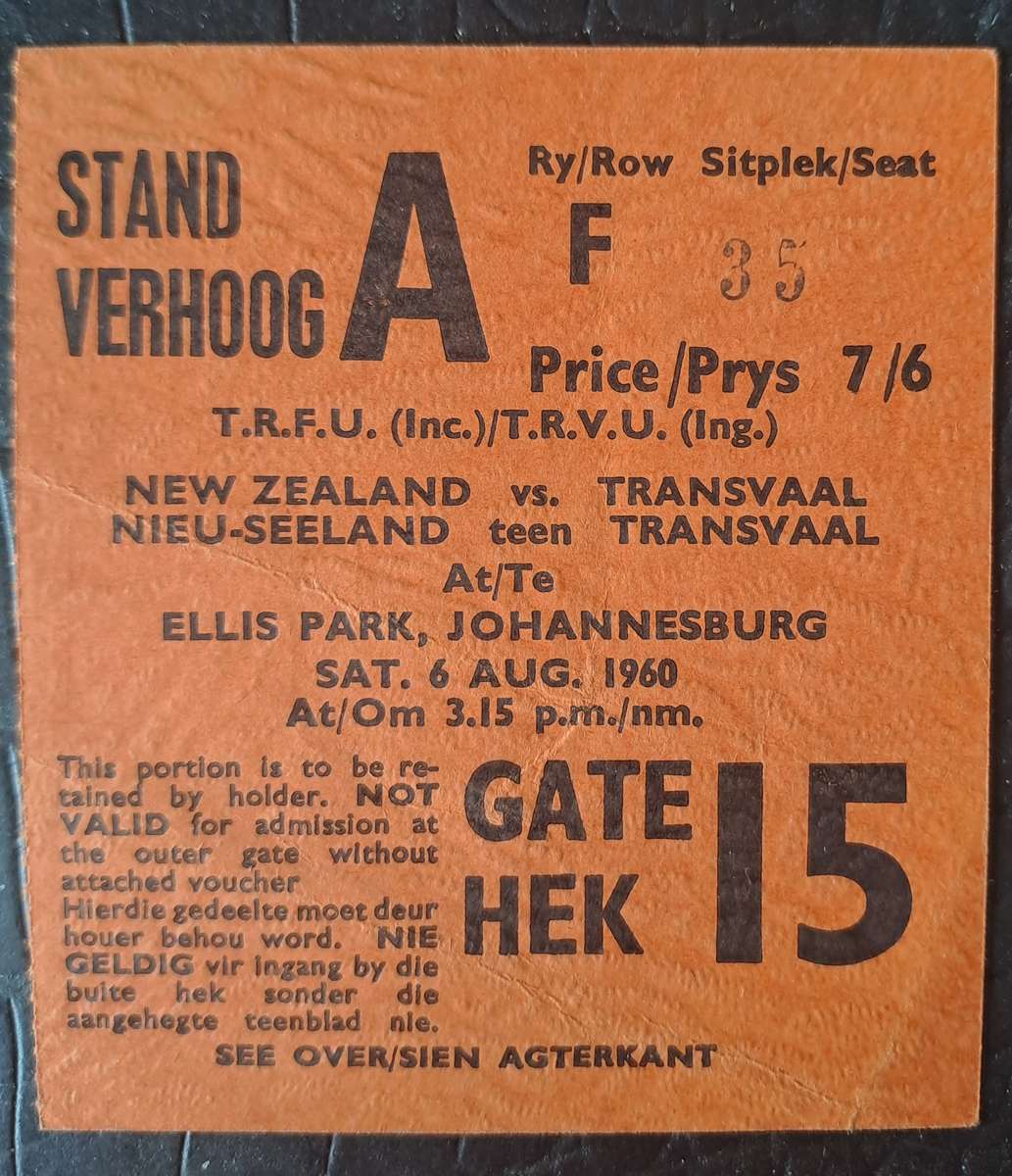 Rugby ticket. Transvaal v New Zealand 6 August 1960