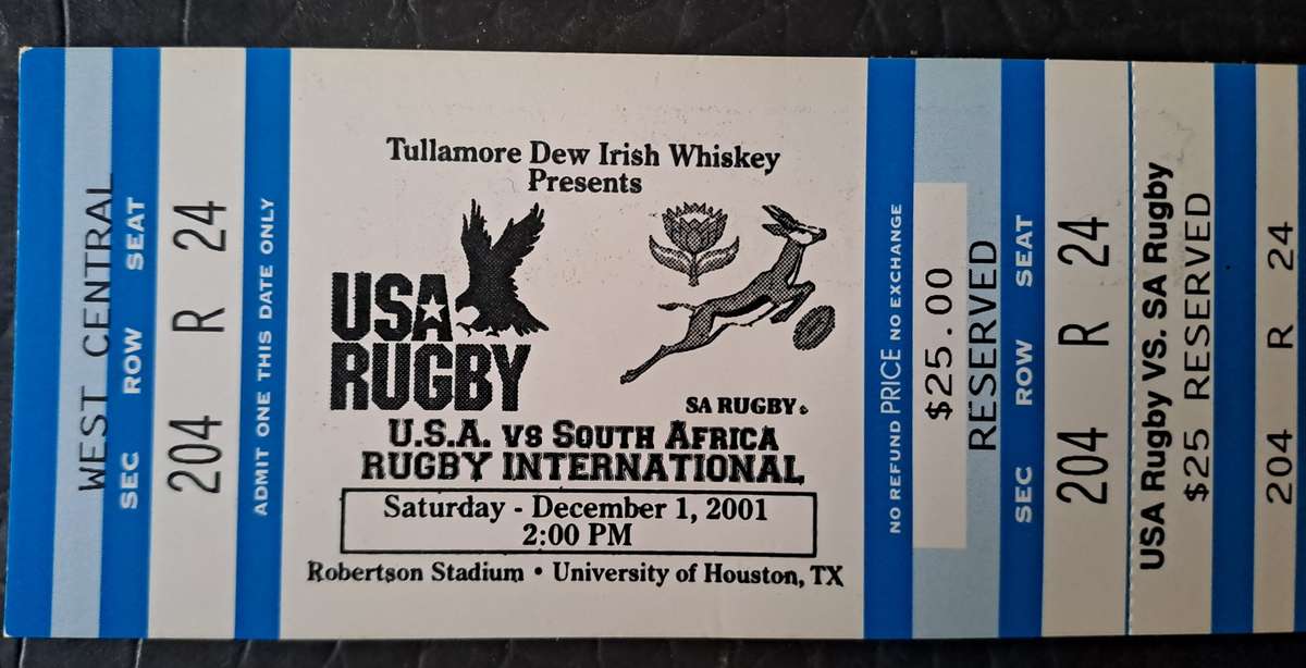 Rugby ticket. United States of America vs South Africa 1 December 2001 Houston SCARCE