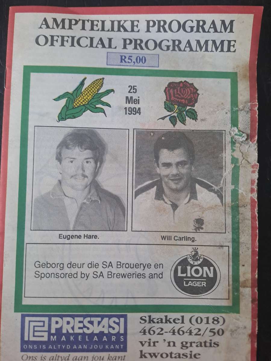 Rugby programme Western Transvaal v England 25 May 1994 Water damage, stain through-out