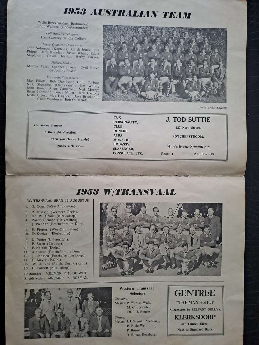 Rugby programme Western Transvaal v Wallabies 12 Aug 1953 Potchefstroom SCARCE see condition below