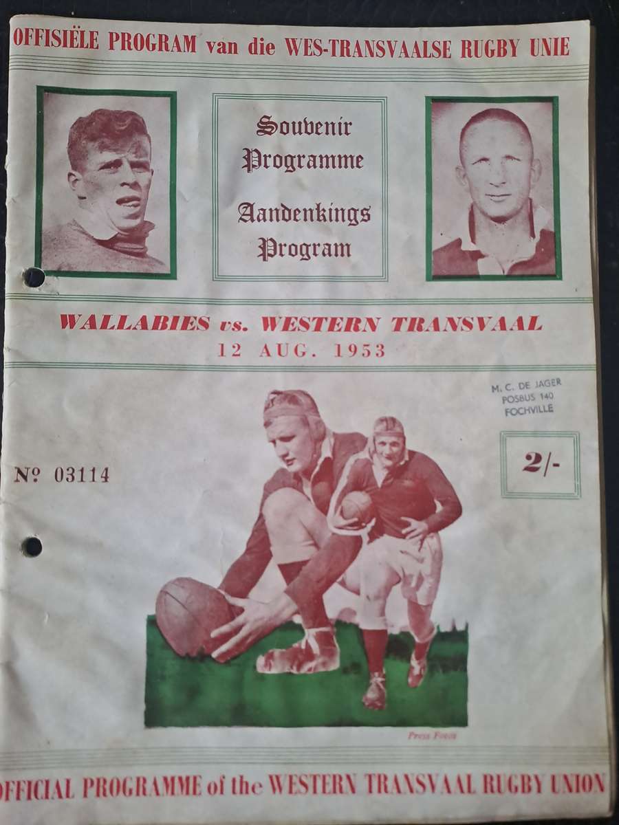 Rugby programme Western Transvaal v Wallabies 12 Aug 1953 Potchefstroom SCARCE see condition below