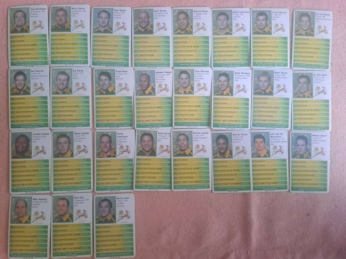 Rugby cards. Complete set of 2002 Springbok cards (28 cards in the set)