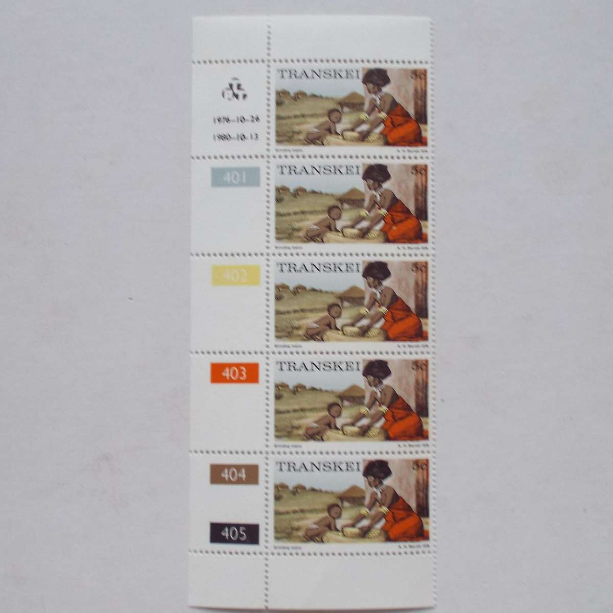 Transkei - 1976 1st Defin Issue - 5c Grinding Maize - Control Strip of 5 - MNH