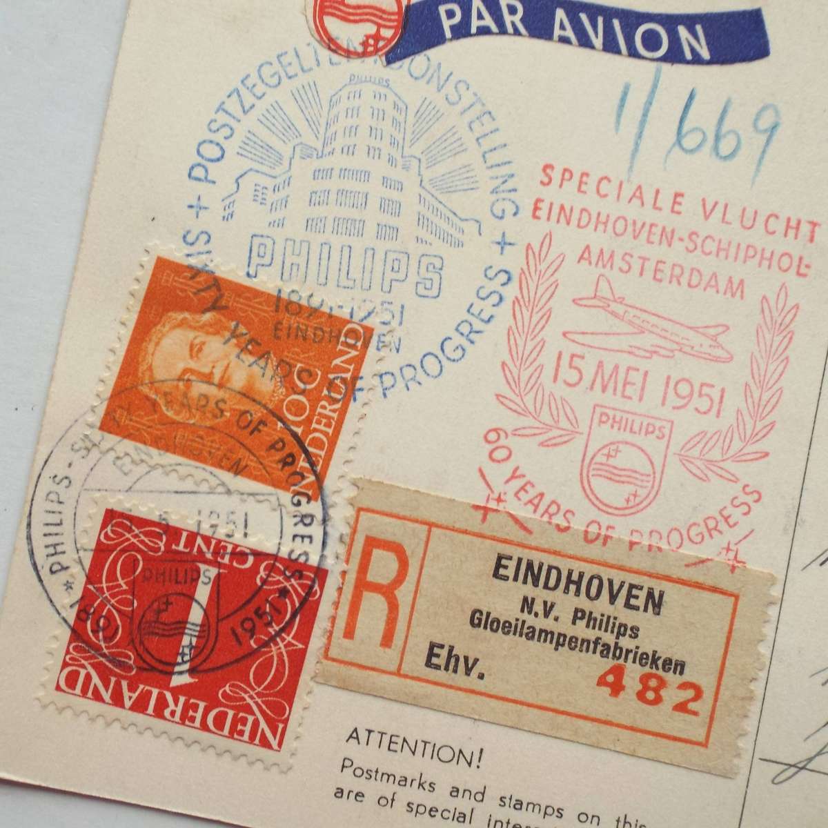 NETHERLANDS - 1951 "PHILIPS - 60 Years of Progress" Postcard - Reg & FD Cancel