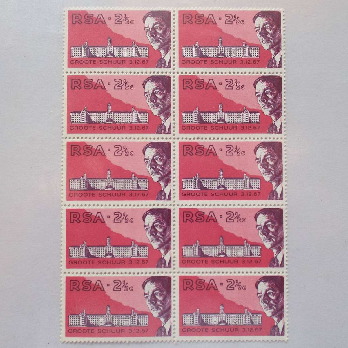 RSA - 1969 First Heart Transplant (Prof Barnard) - 2,5c - Block of 10 - UMM