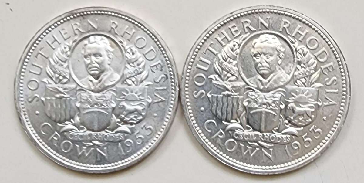 1953 Southern Rhodesia Crowns x 2. Both varieties of lettering on the rim