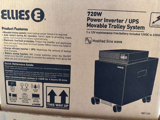Ellies 720W 1200VA Inverter Uninterruptible Power Supply (UPS) 12v DC or 230v AC with trolley