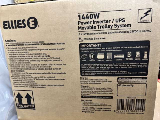 Ellies 1440W 2400VA Inverter Uninterruptible Power Supply (UPS) 24v DC or 230v AC with trolley