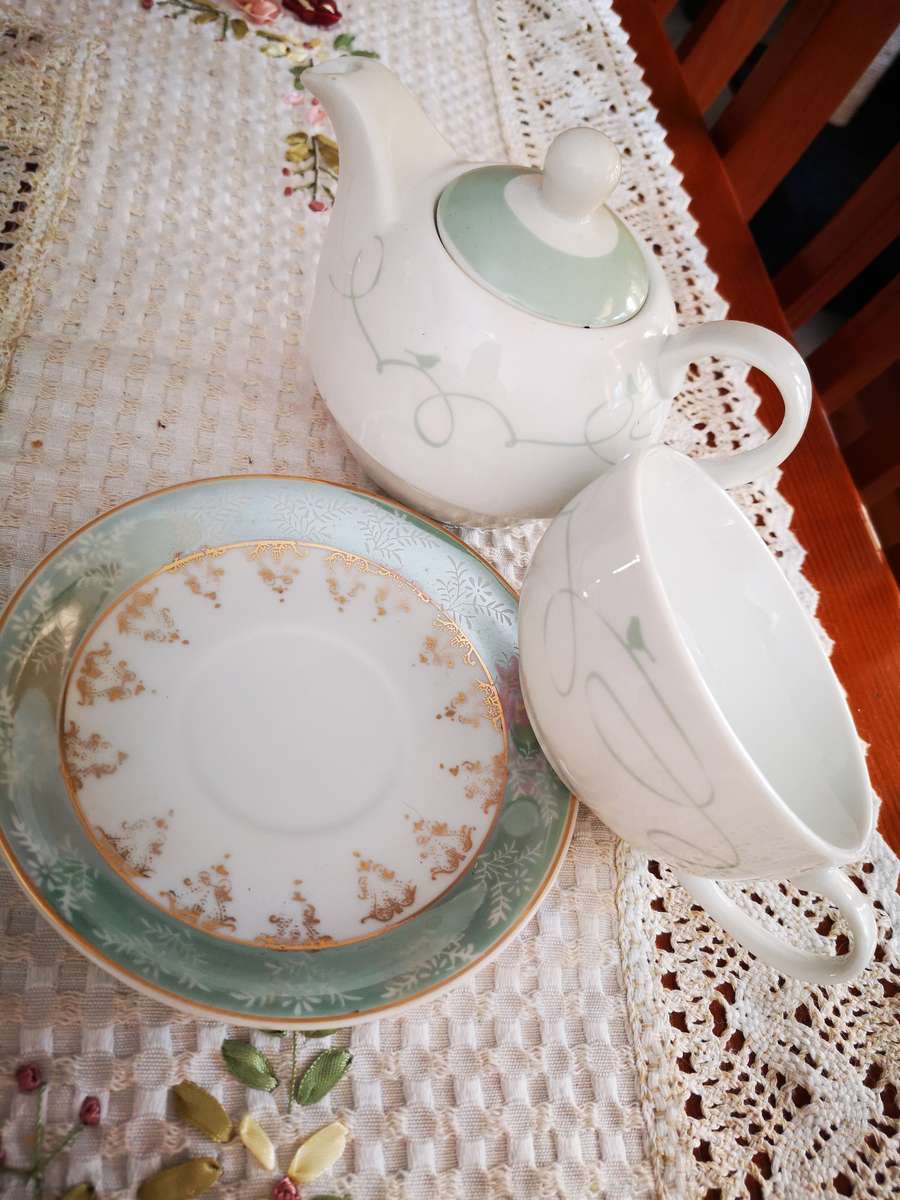 Tea for One and unmatched saucer (Light Green)