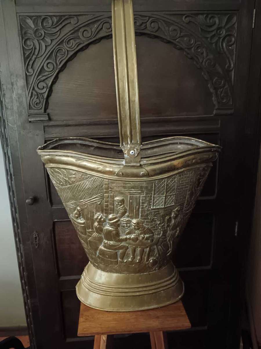 Antique Victorian Brass large Embossed Coal Bucket