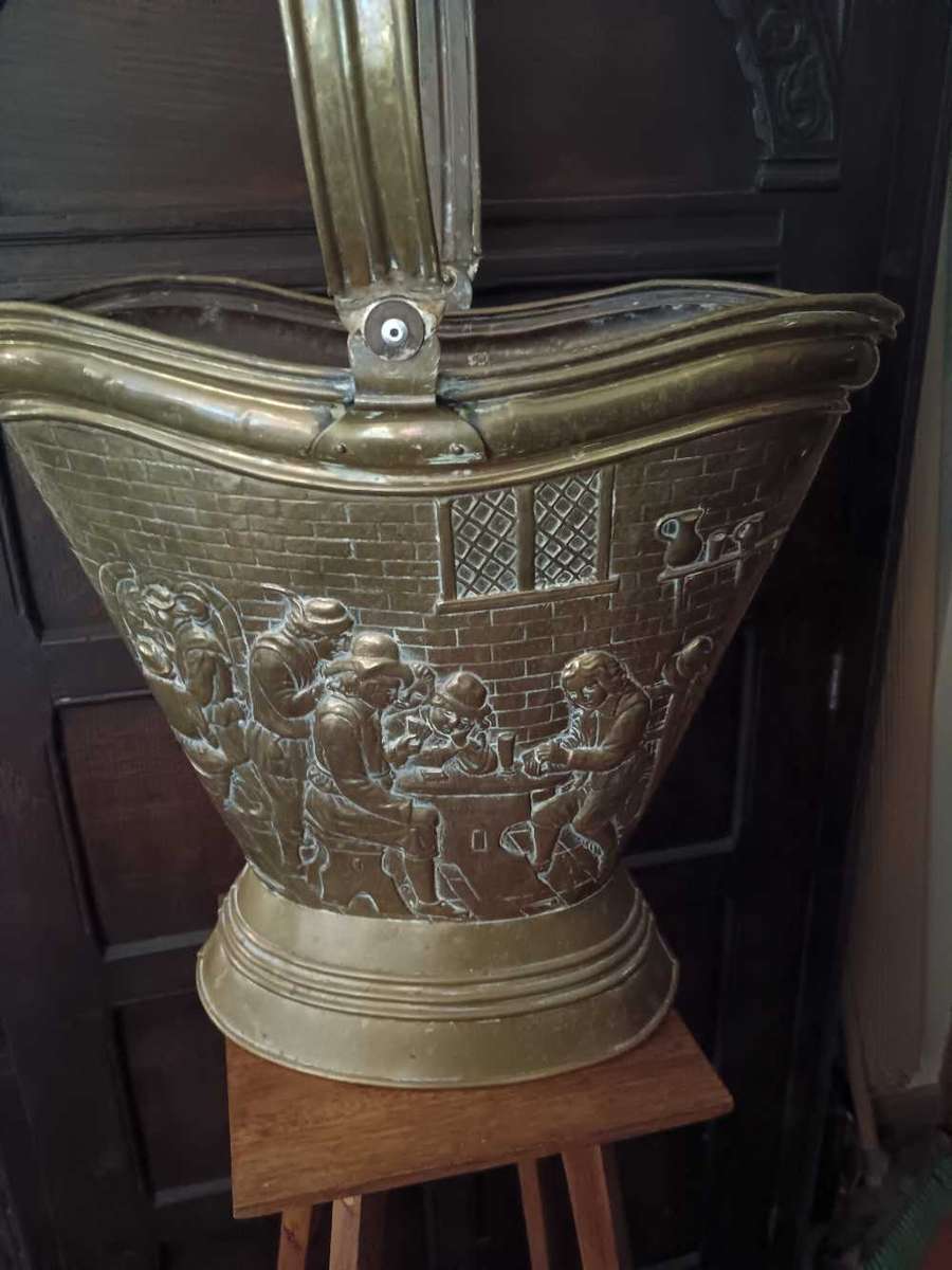 Antique Victorian Brass large Embossed Coal Bucket