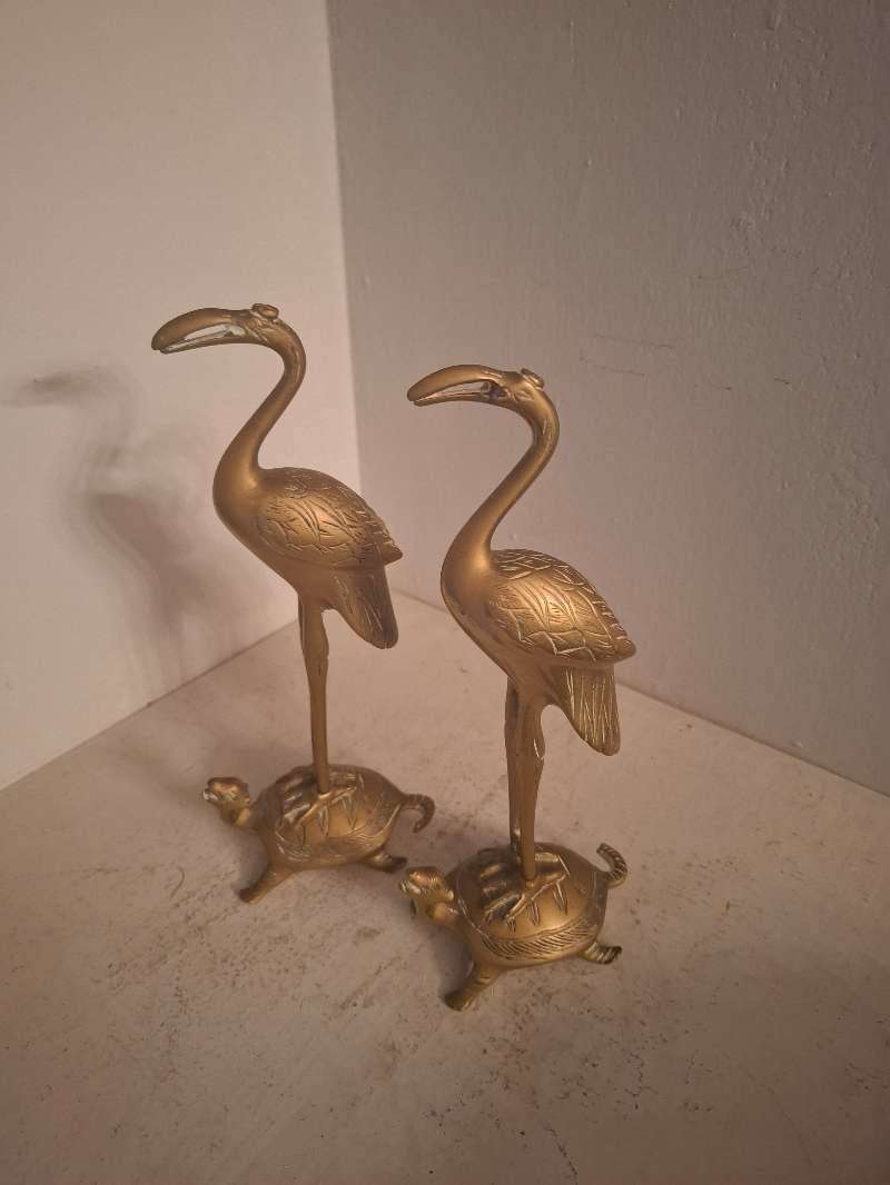 Antique 1800's Brass Crane & Turtle Pair of Japanese Incense Holders