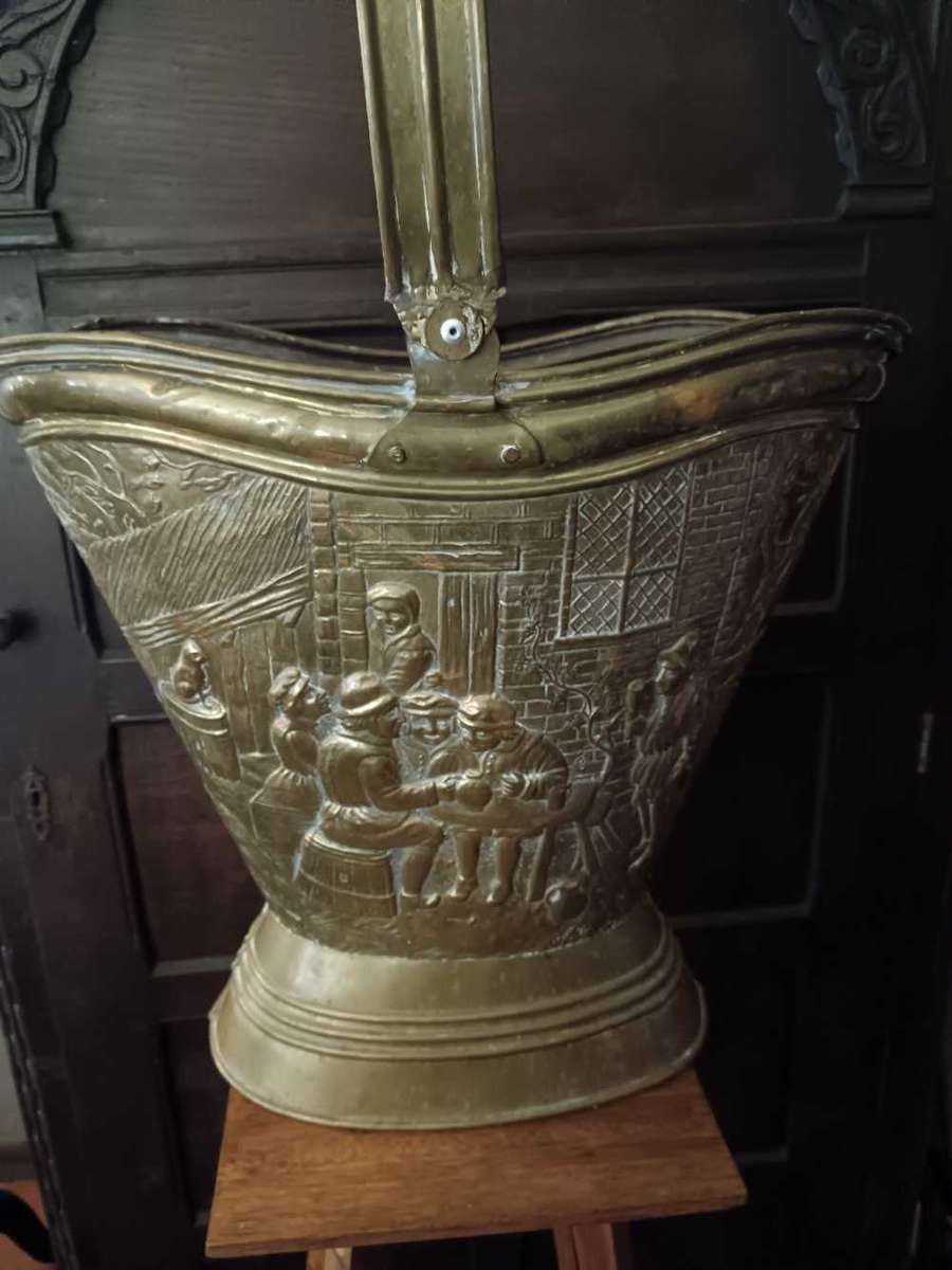 Antique Victorian Brass large Embossed Coal Bucket