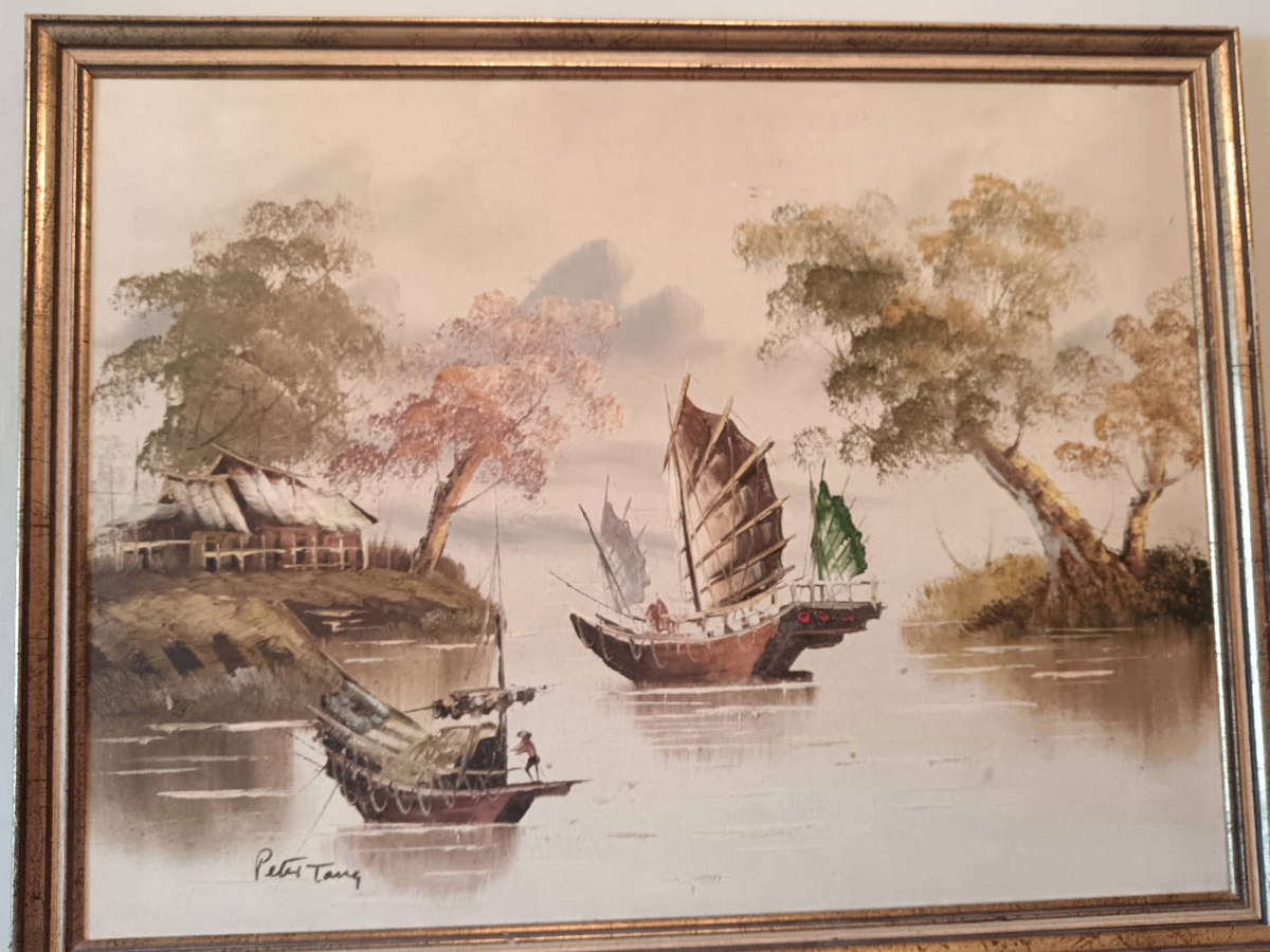 Peter Tang Oil on Board Chinese Junks