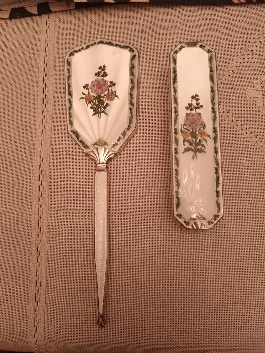 Art deco Silver Hallmarked Guilloche Enamel Mirror & Brush Set
