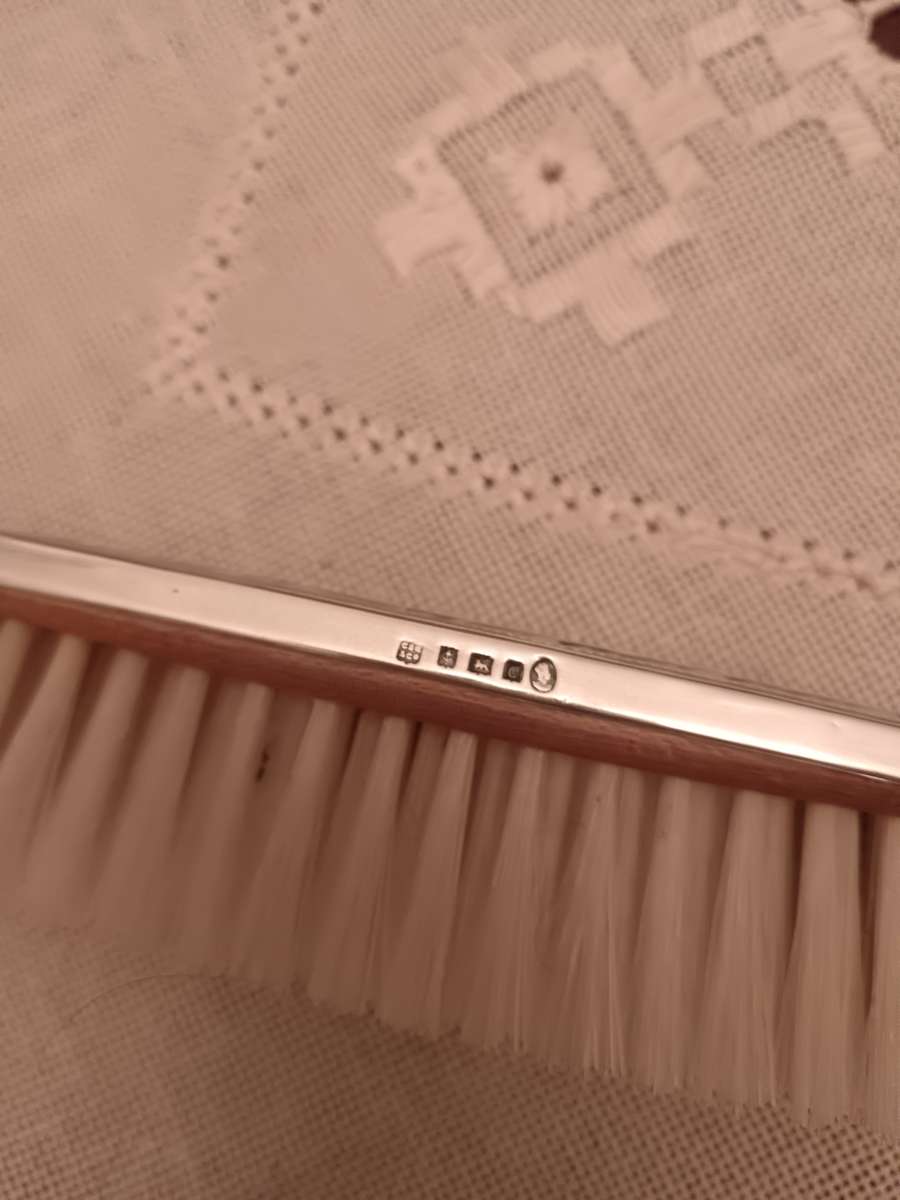 Art deco Silver Hallmarked Guilloche Enamel Mirror & Brush Set