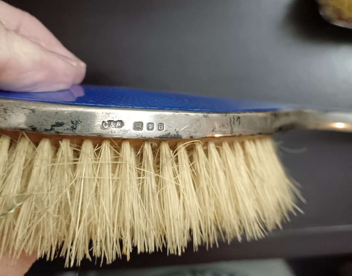 Antique Sterling Silver London Blue Guilloche Brush set