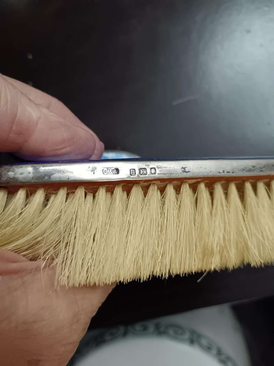 Antique Sterling Silver London Blue Guilloche Brush set