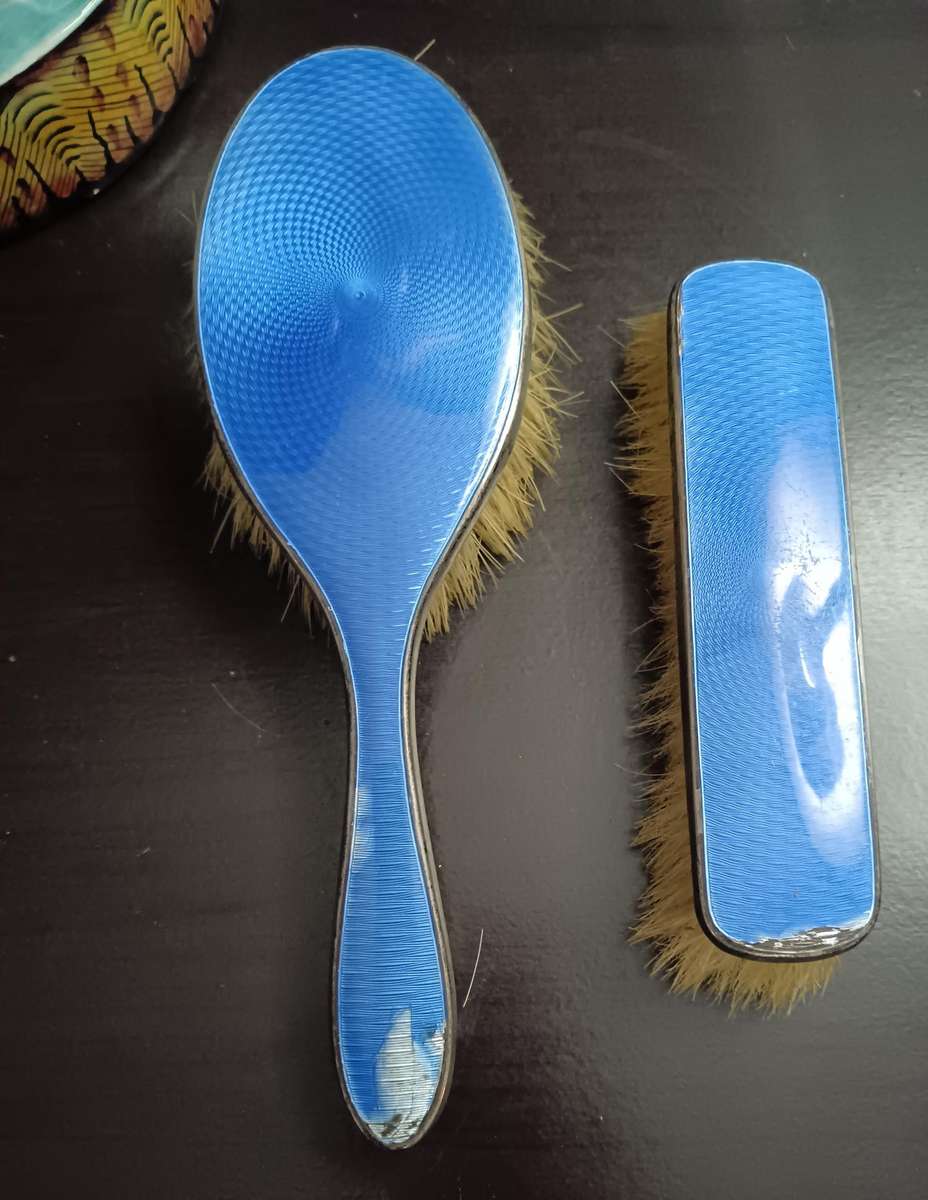 Antique Sterling Silver London Blue Guilloche Brush set