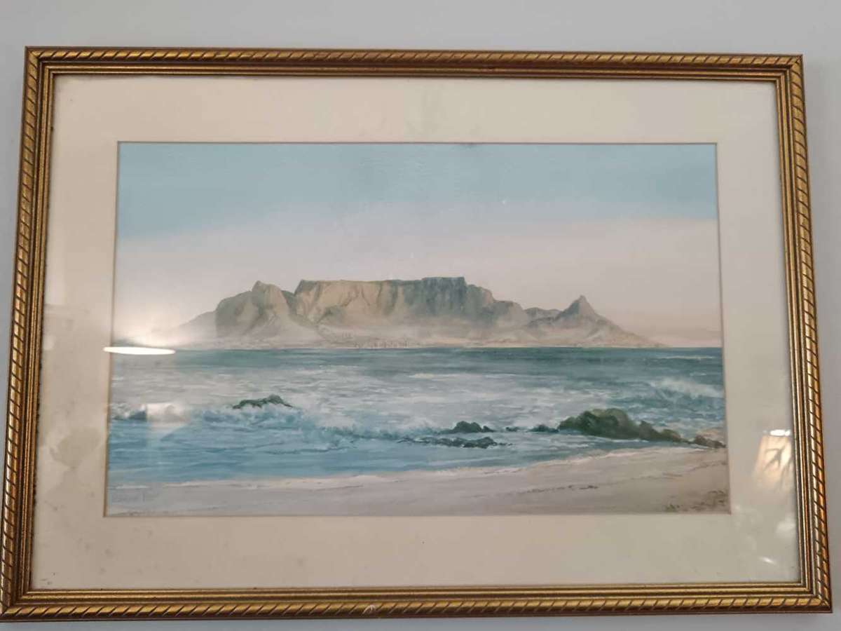 Framed Table Mountain Water colour by Valarie Petts