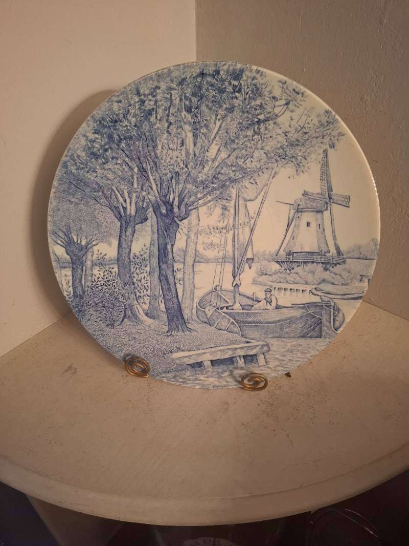 Vintage  Boch La Louviere Blue Plate Belguim Windmill Scene