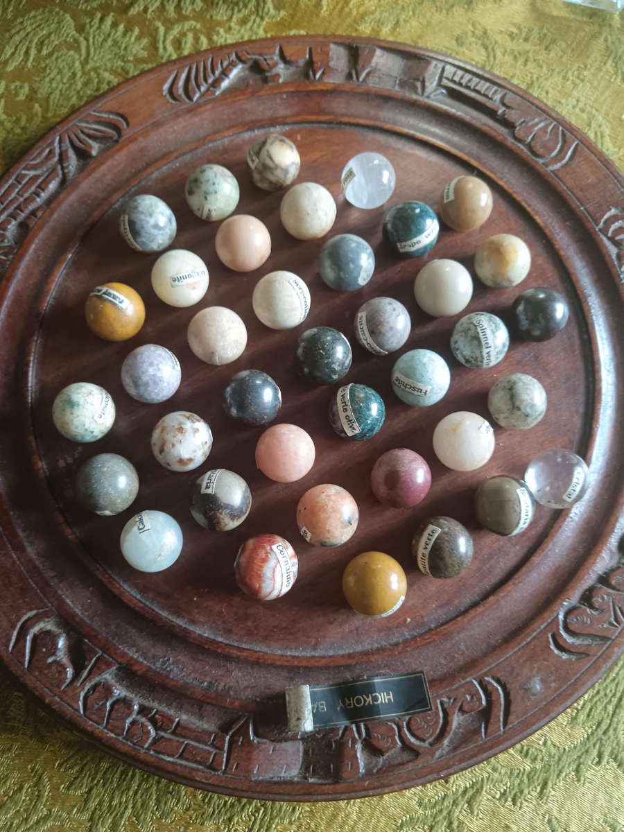 Natural Stone Solitaire game with Hickory Bark Carved Board