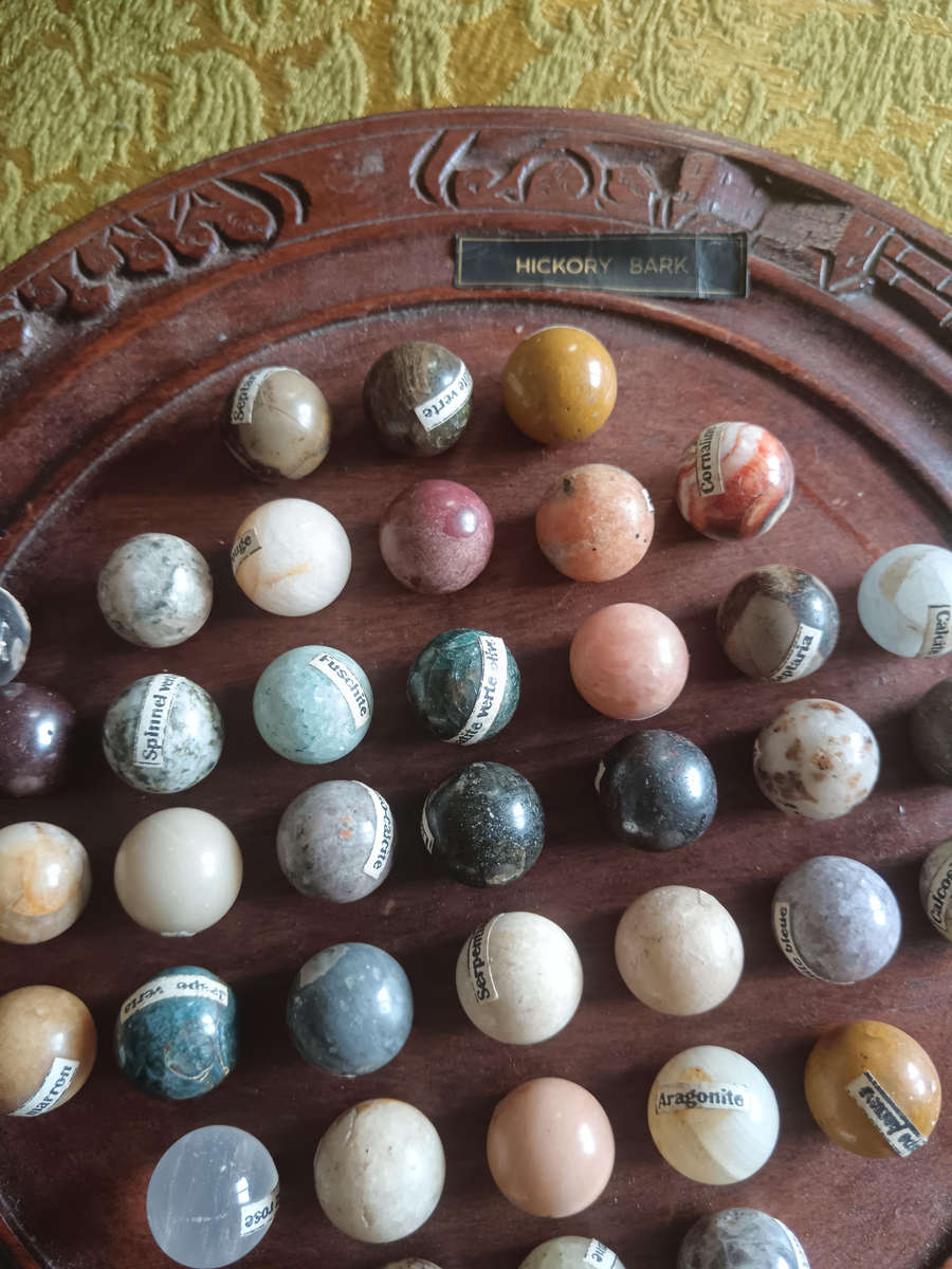 Natural Stone Solitaire game with Hickory Bark Carved Board