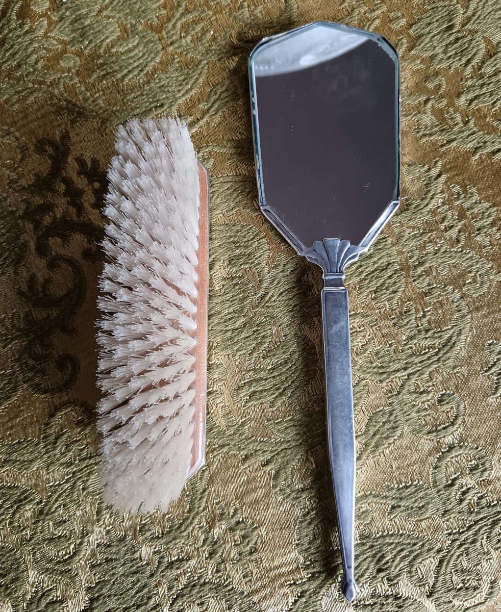 Art deco Silver Hallmarked Guilloche Enamel Mirror & Brush Set