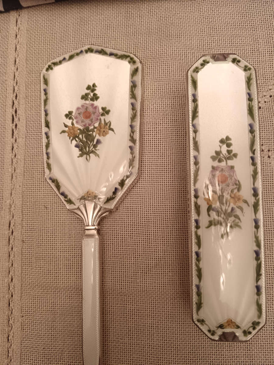 Art deco Silver Hallmarked Guilloche Enamel Mirror & Brush Set