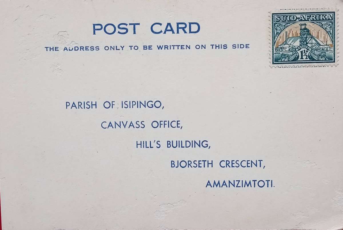 POST CARD WITH 1 1/2d reservation reply PARISH OF ISIPINGO