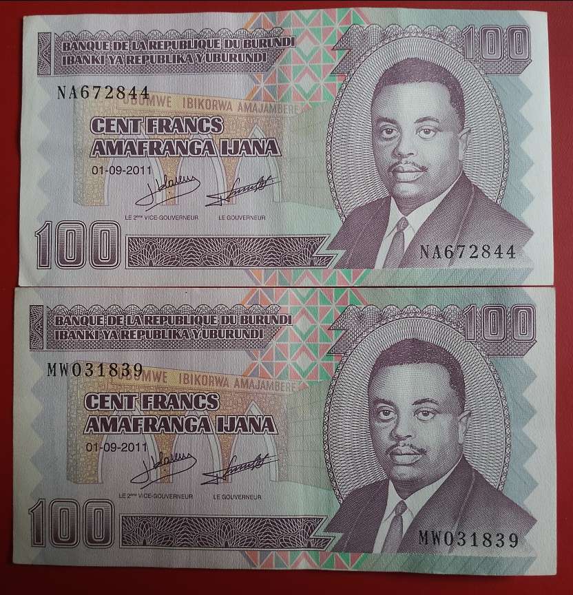 REPUBLIC OF BURUNDI NOTES 100 FRANCS X2-2011 GOOD CONDITION