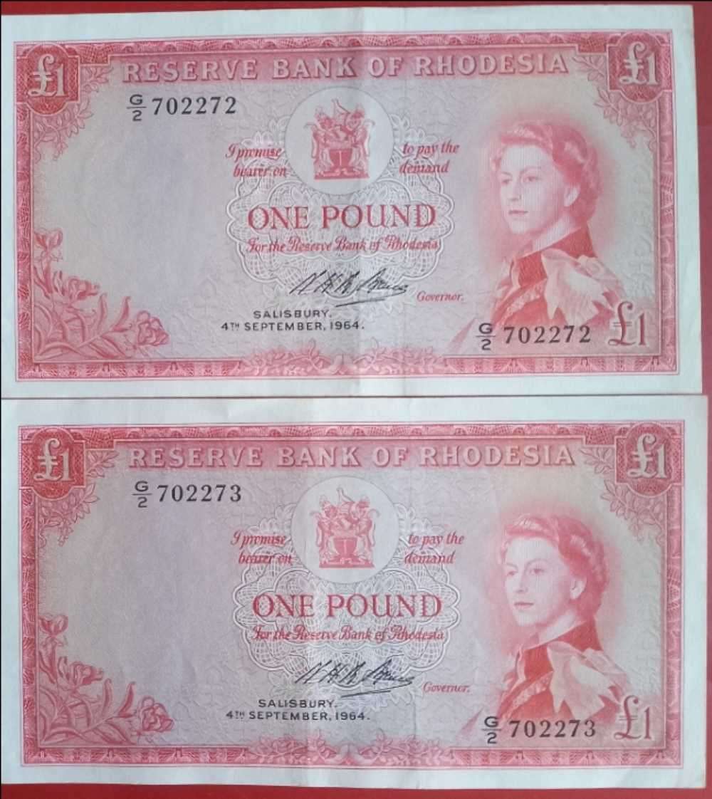 RHODESIA 1 POUND BANK NOTE X2 CONSECUTIVE NUMBERS VF VERY SCARCE SEPTEMBER 1964