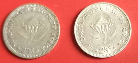 Silver 1961 Republic of South Africa 2 1/2 cent (tickey) coin x2