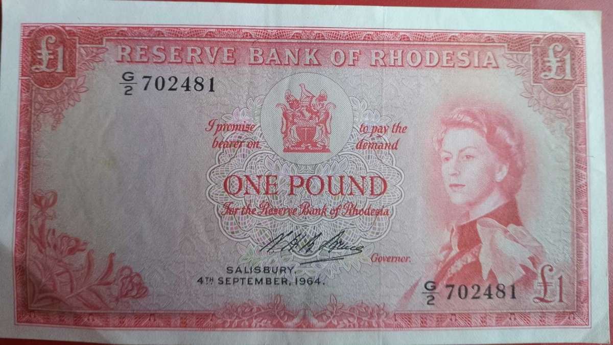 Reserve Bank of Rhodesia 1 pound note FINE 1964 not often seen(#G2-702481)