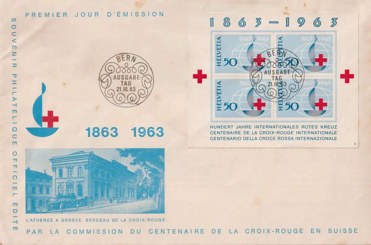 RED CROSS LARGE FDC SWITZERLAND MINI SHEET 100 YEARS 1963