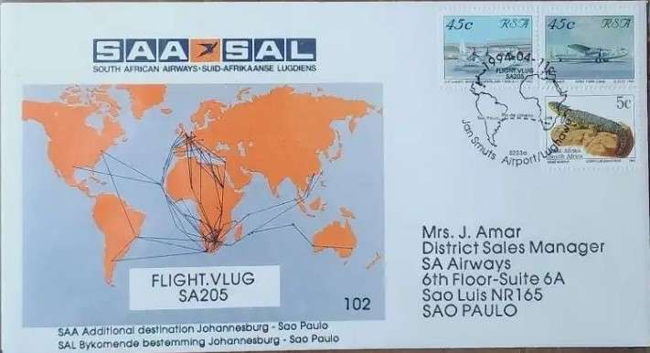SA AIRWAYS (SAA) FLIGHT COVER # 102-JOHANNESBURG -SAO PAULO 1994