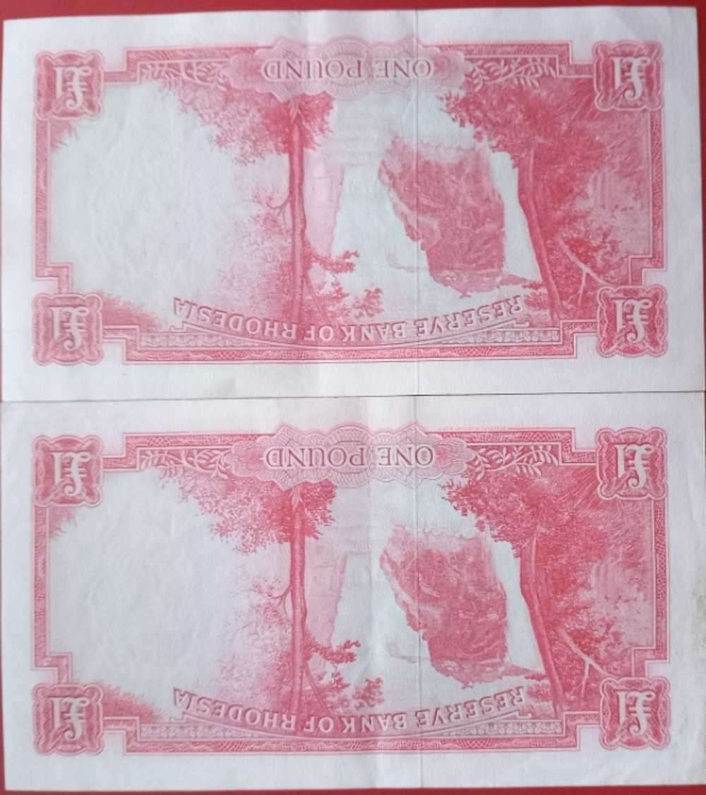 RHODESIA 1 POUND BANK NOTE X2 CONSECUTIVE NUMBERS VF VERY SCARCE SEPTEMBER 1964